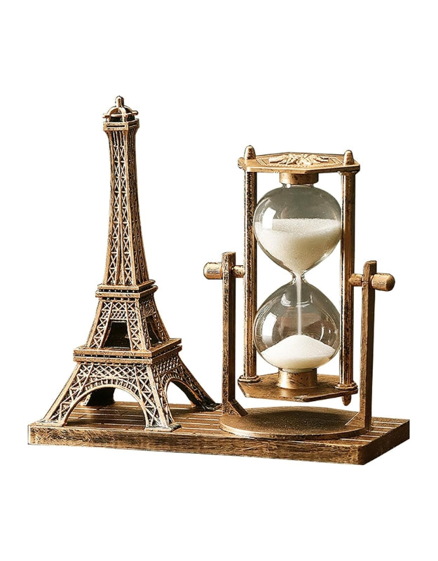 Gold Eiffel Tower with Hourglass Timer on Wooden Base – Studio Product Shot